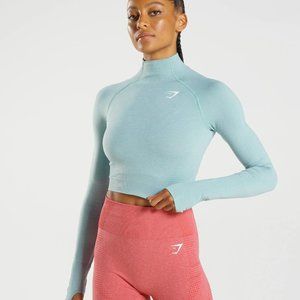 GYMSHARK VITAL SEAMLESS 2.0 HIGH NECK MIDI TOP PEARL BLUE MARL
